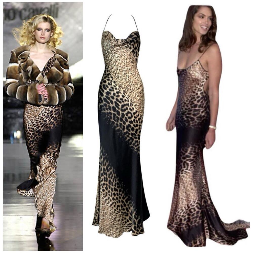 Roberto Cavalli Vintage 2000 Silk Leopard Animal Runway Gown Maxi Slip Dress Y2K